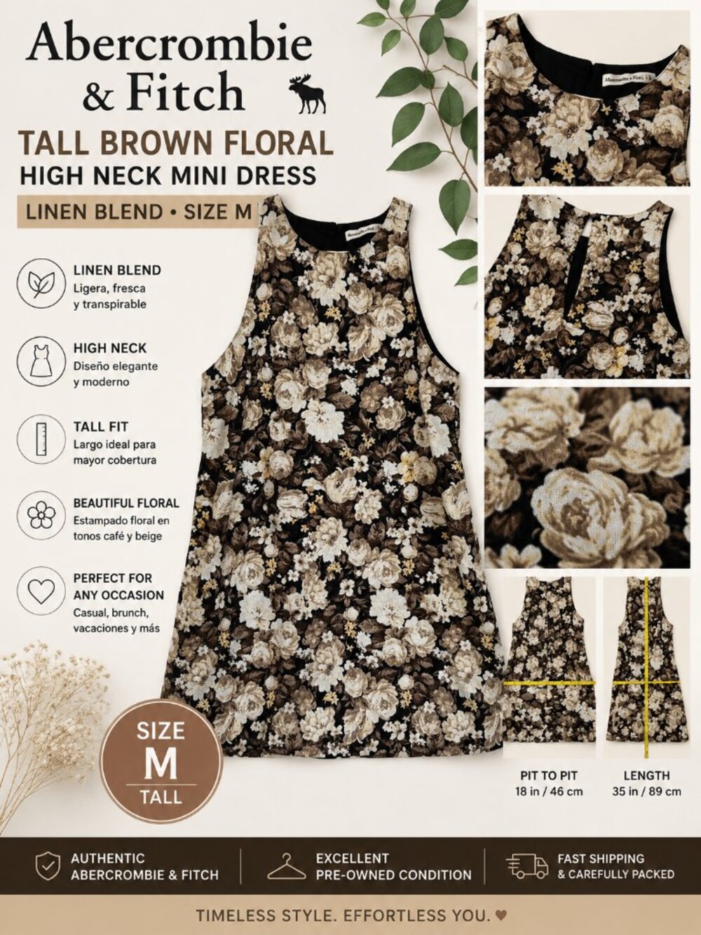 Abercrombie & Fitch Tall Brown Floral High Neck Linen Blend Mini Dress Sz M